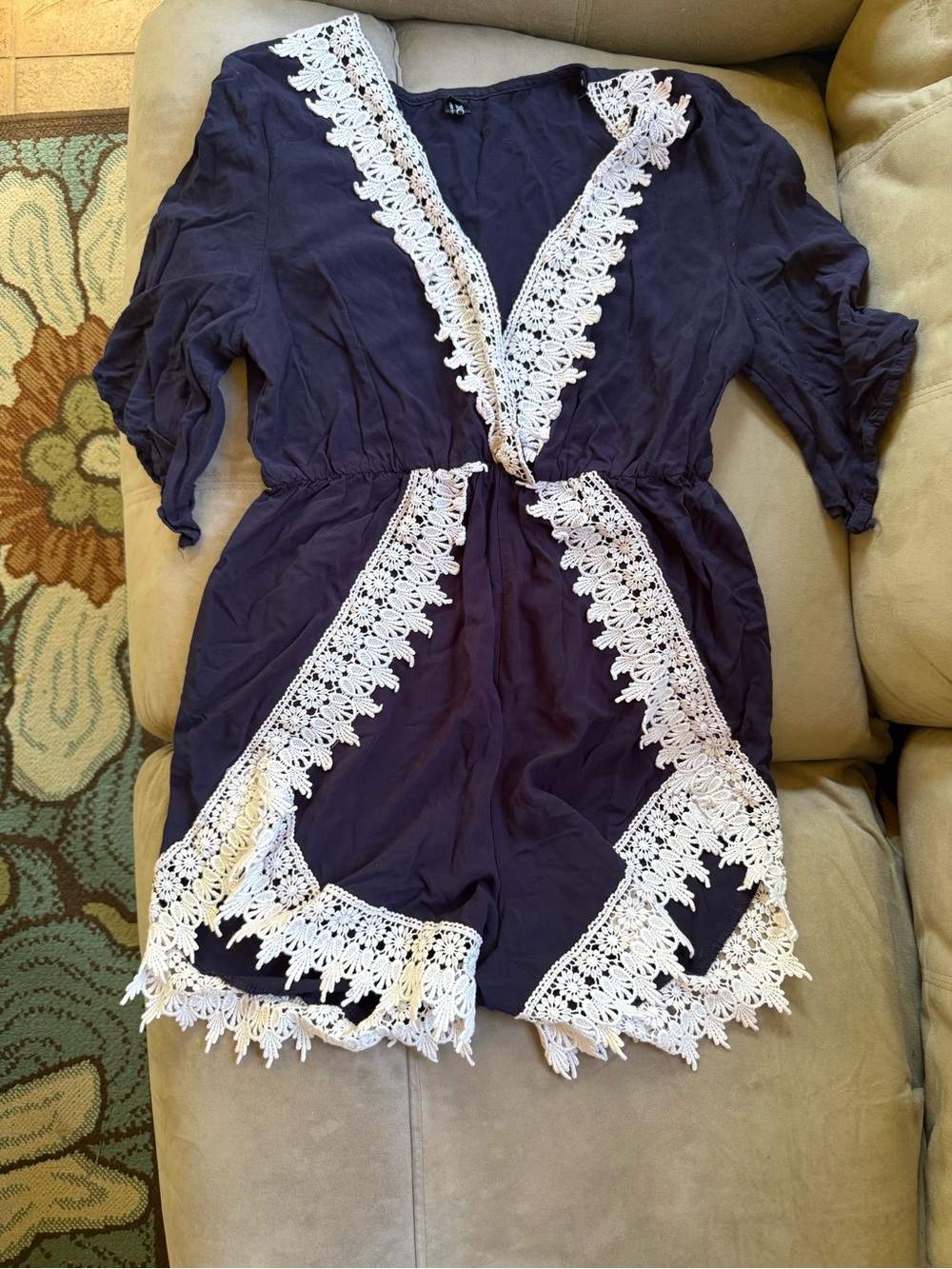 Choies Navy Romper with White Crochet Trim